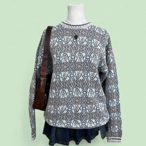 90s blue white tan patterned boho granola sweater